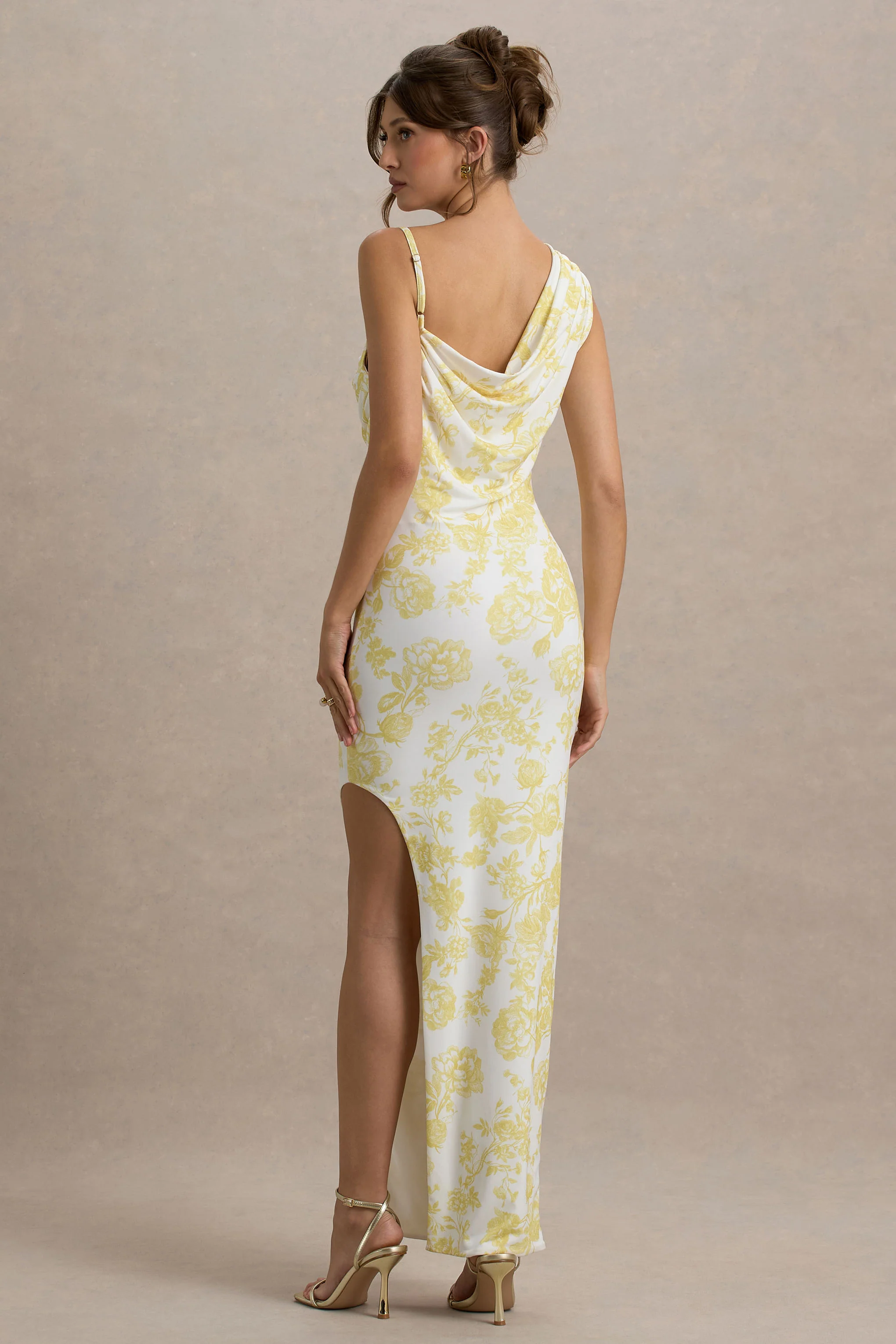 Sitara | Lemon Porcelain Print Cowl-Neck Maxi Dress With Asymmetric Skirt - Image 2