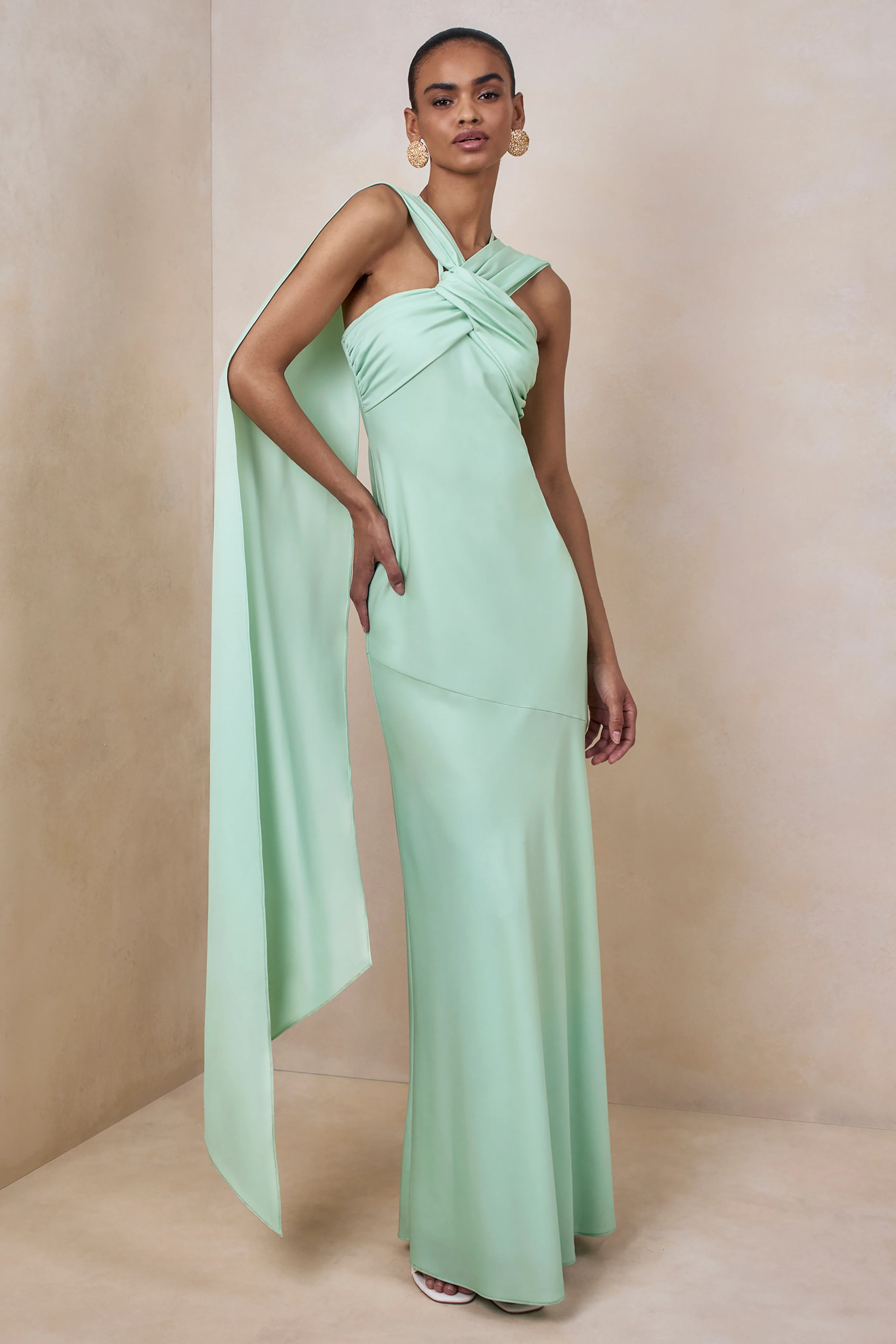 Sloane | Mint Matte Satin Halter-Neck Maxi Dress With Cape - Image 2