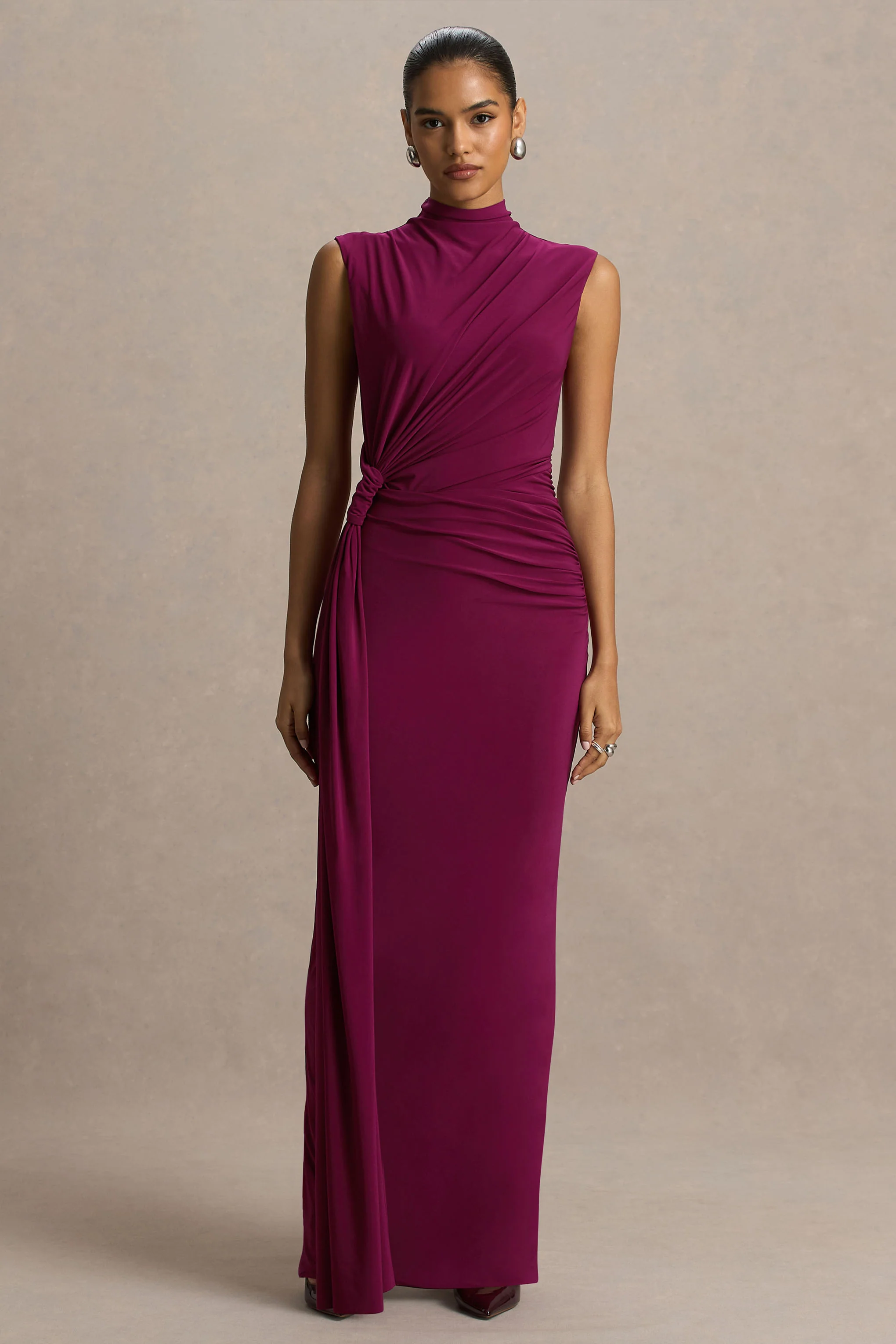 Solene | Burgundy High-Neck Maxi Dress With Wrap And Drape Detail - Image 4