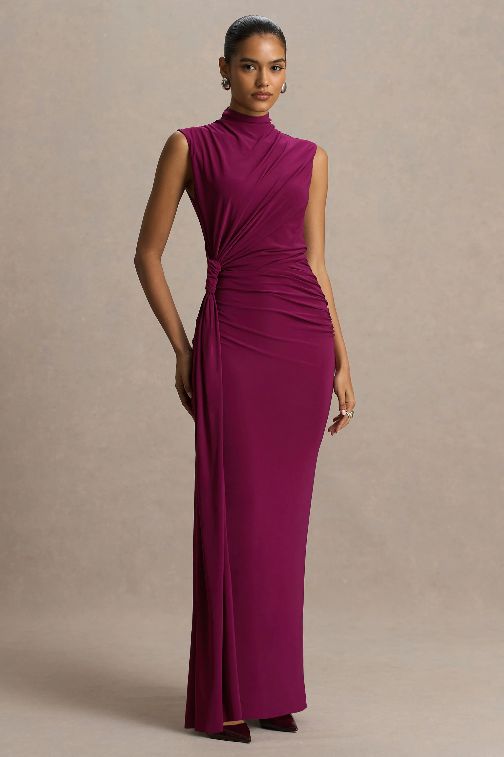 Solene | Burgundy High-Neck Maxi Dress With Wrap And Drape Detail - Image 5