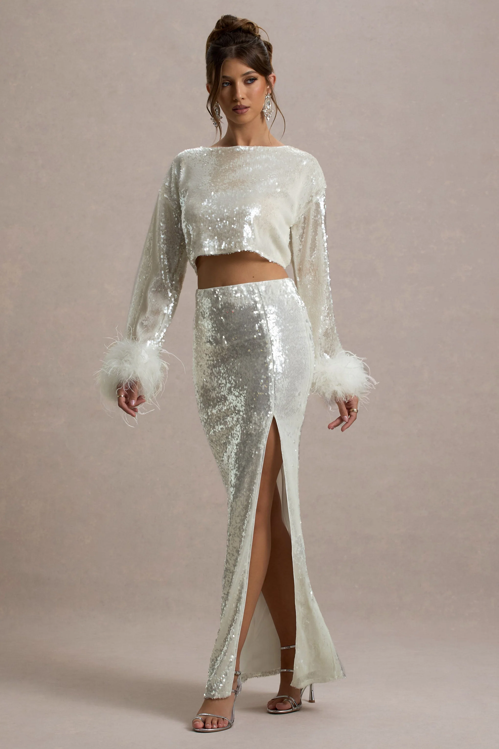 Solita | Sand Sequin Long-Sleeve Crop Top With Feather Trim - Image 3