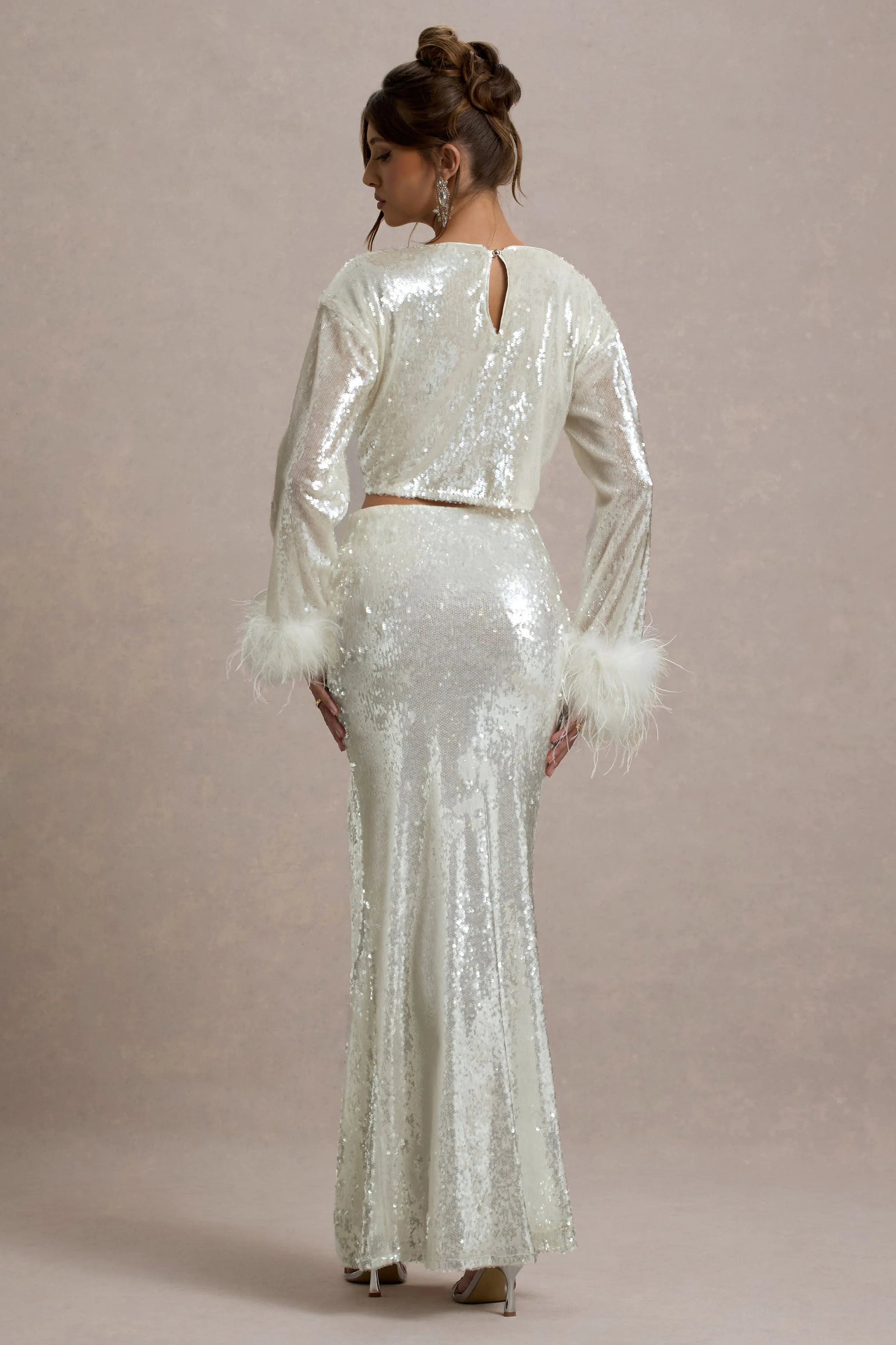 Solita | Sand Sequin Long-Sleeve Crop Top With Feather Trim - Image 4