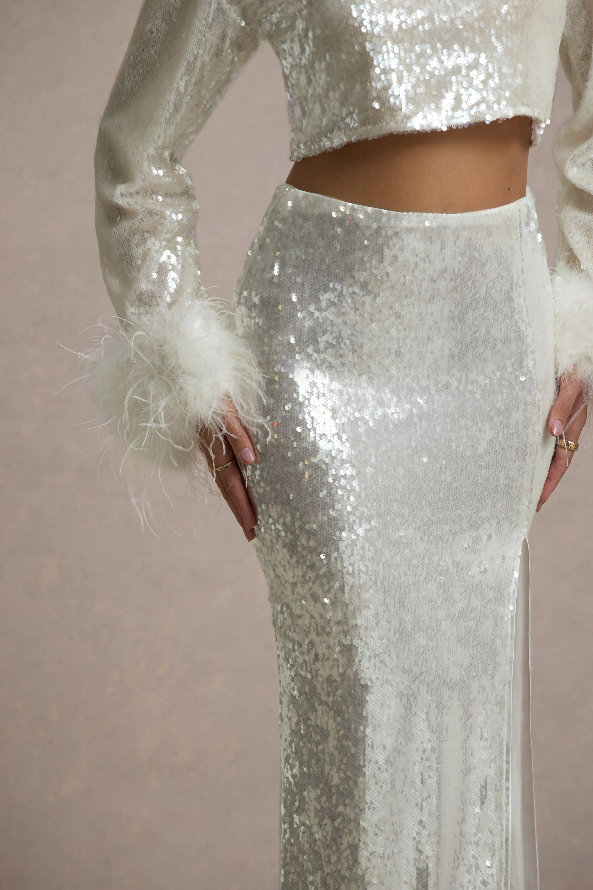 Solita | Sand Sequin Long-Sleeve Crop Top With Feather Trim - Image 5