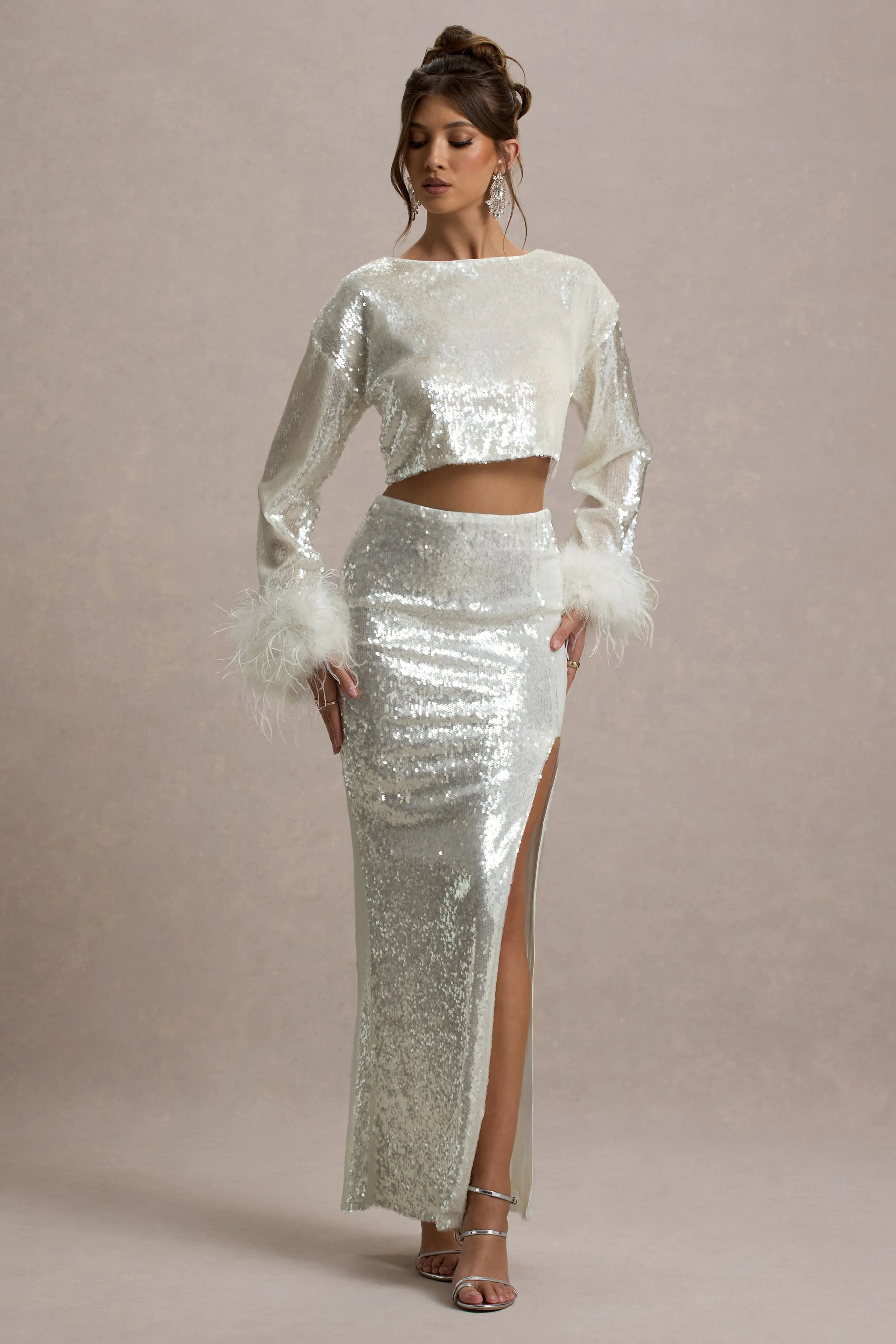 Solita | Sand Sequin Long-Sleeve Crop Top With Feather Trim - Image 6