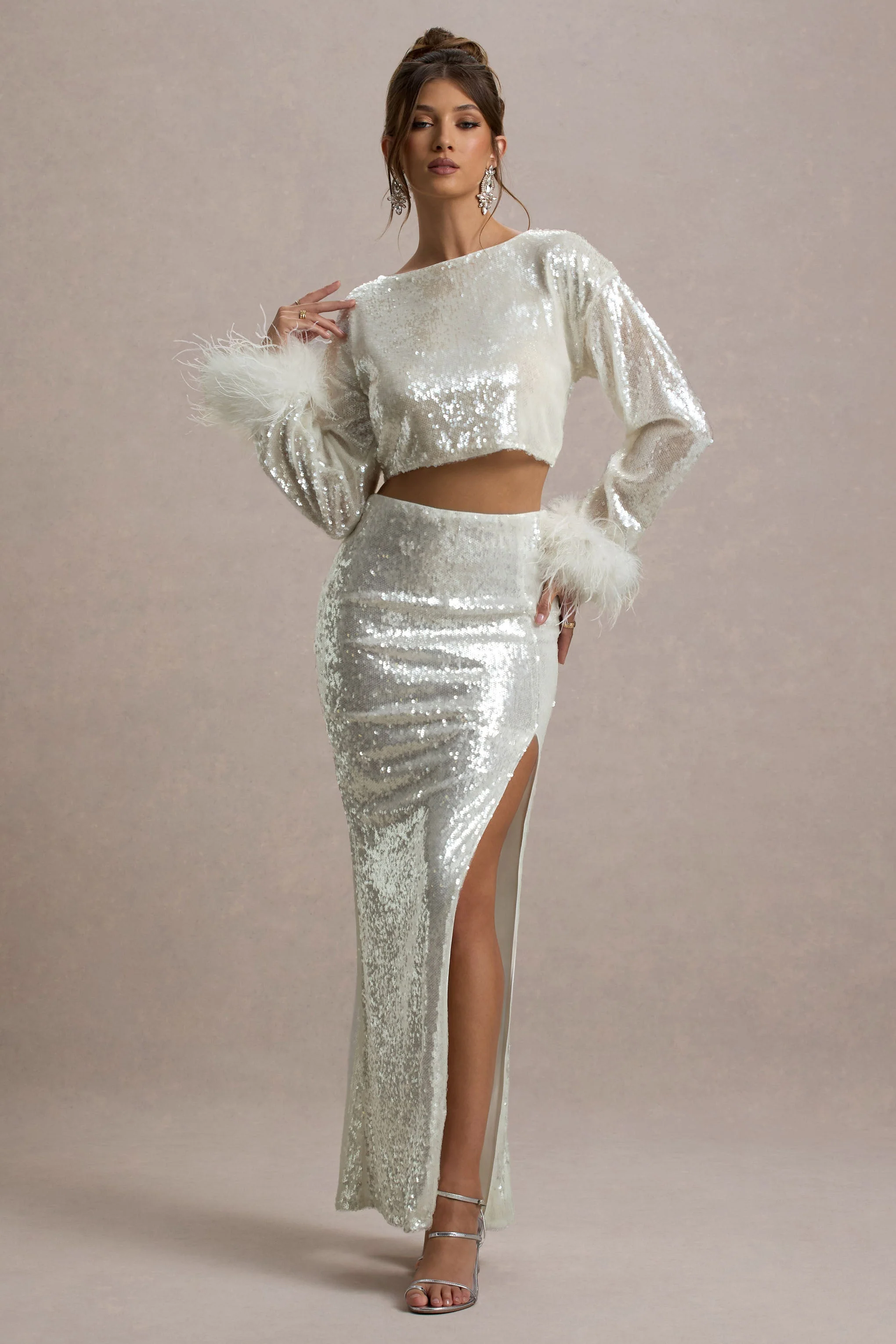 Solita | Sand Sequin Long-Sleeve Crop Top With Feather Trim - Image 7