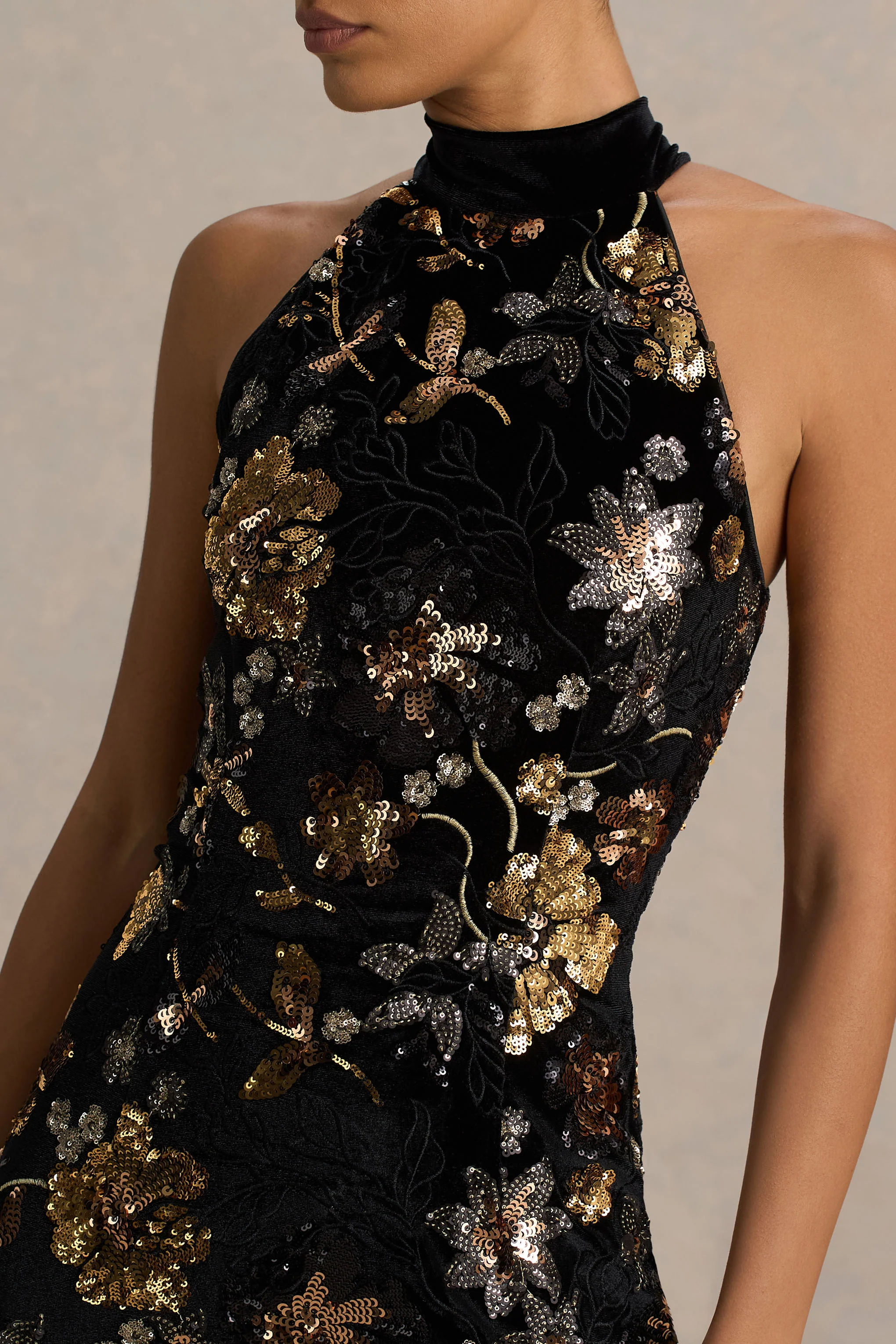 Tate | Black Velvet Halter-Neck Maxi Dress With Bronze Floral Sequin Embellishments - Image 3