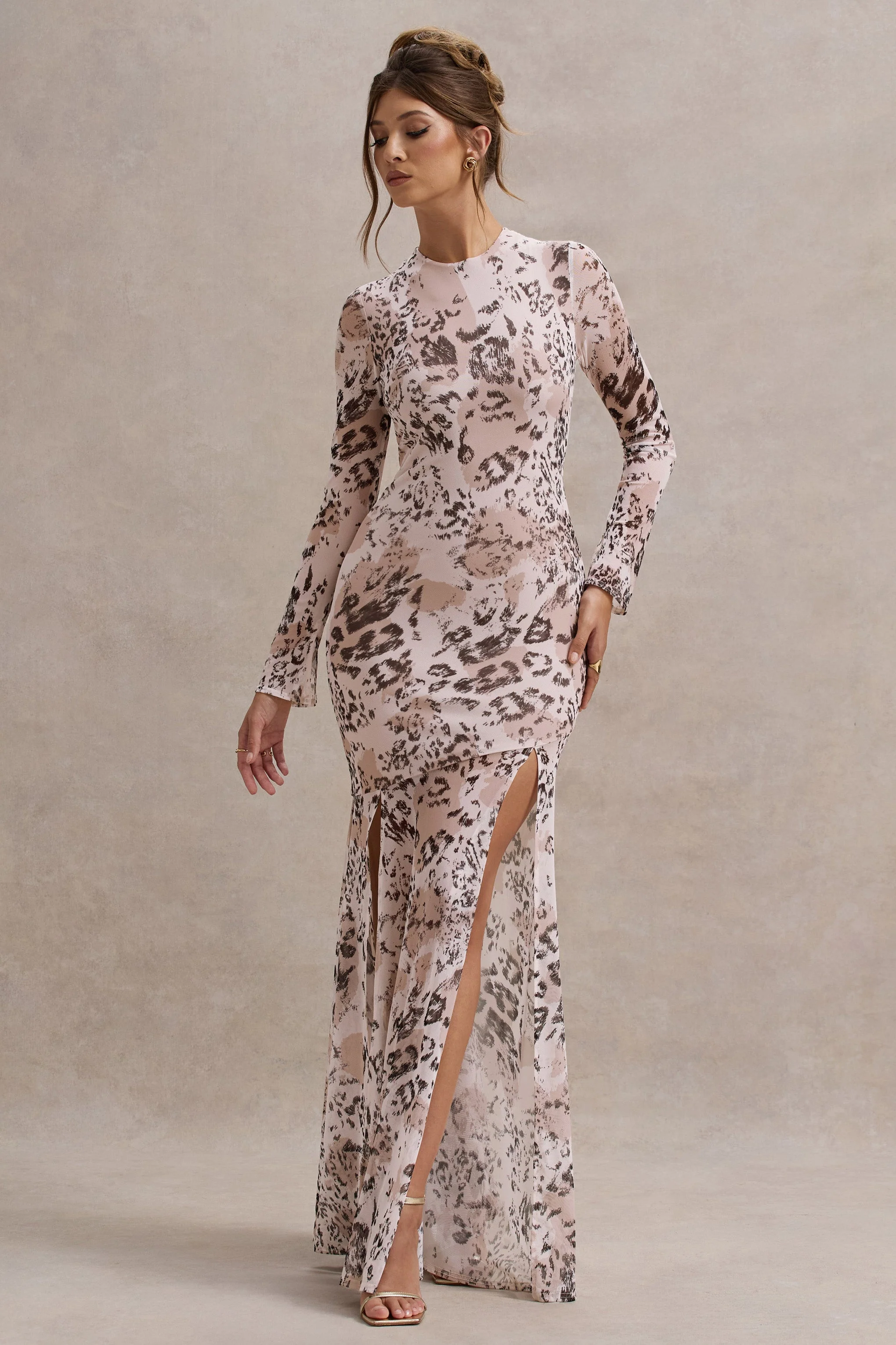 Tigerlily | Leopard Print Mesh Long-Sleeve Open-Back Maxi Dress - Image 2