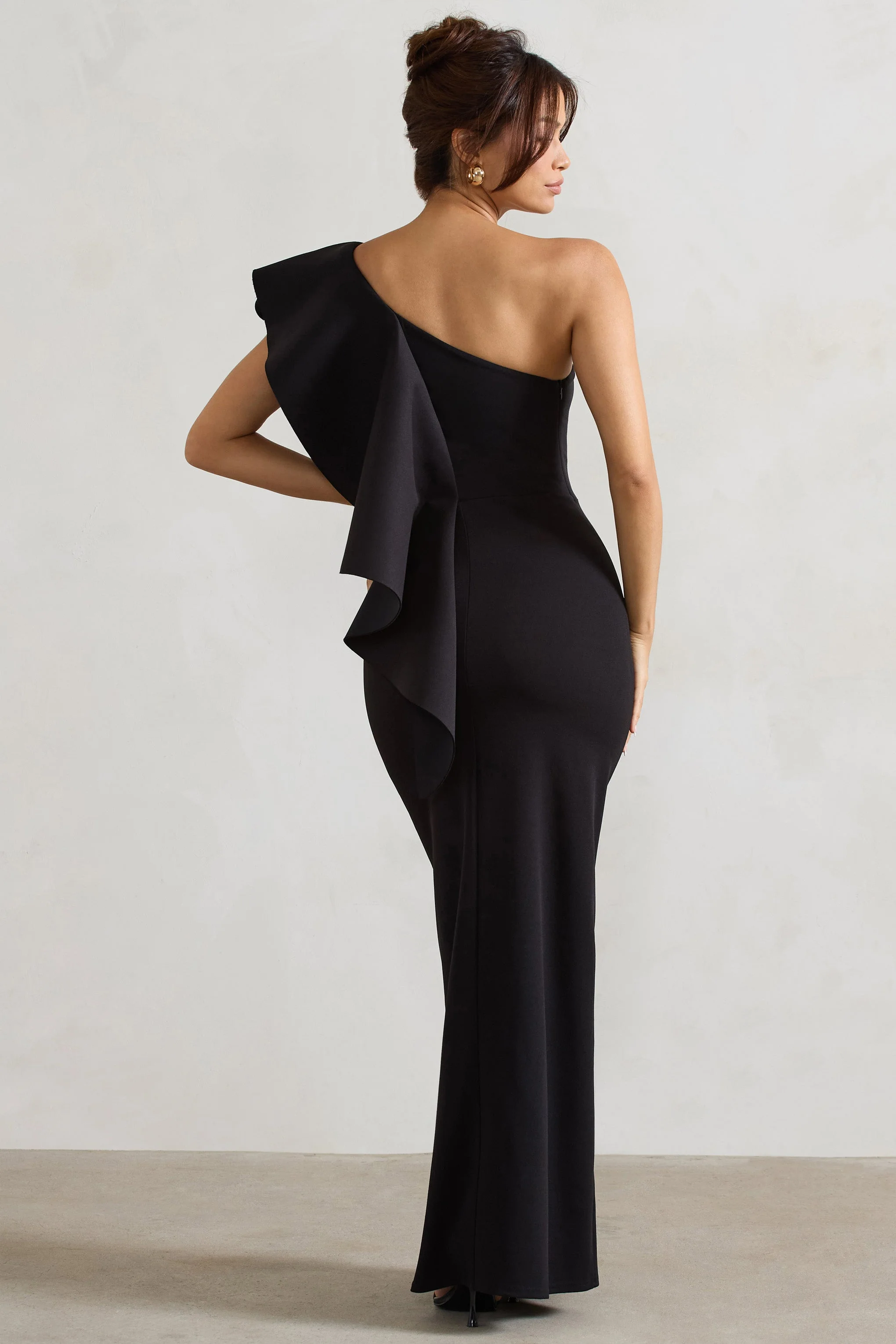 Timeless Love | Black Asymmetric Draped Ruffle Maxi Dress - Image 2