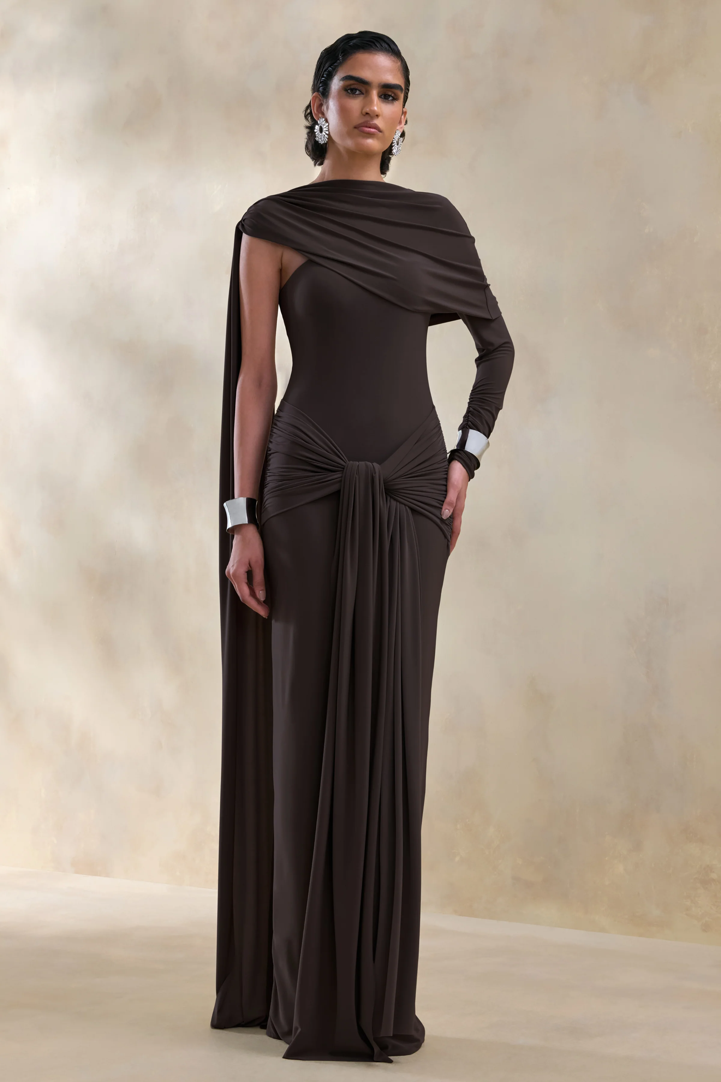Trisara | Brown Asymmetric-Neck Maxi Dress With Gathered-Detailing And Sash - Image 5