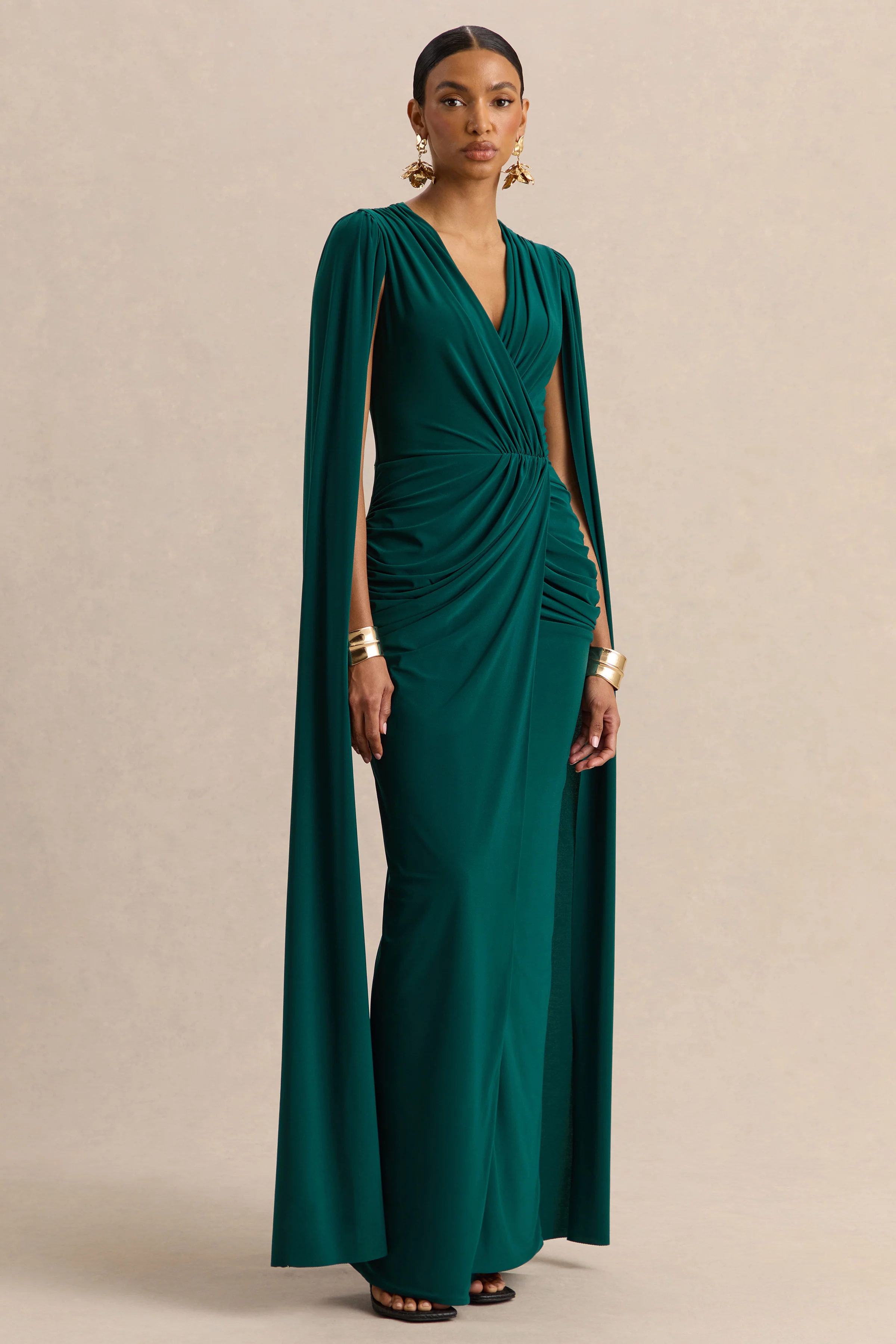 Ulissia | Bottle Green V-Neck Maxi Dress With Cape-Sleeves - Image 4
