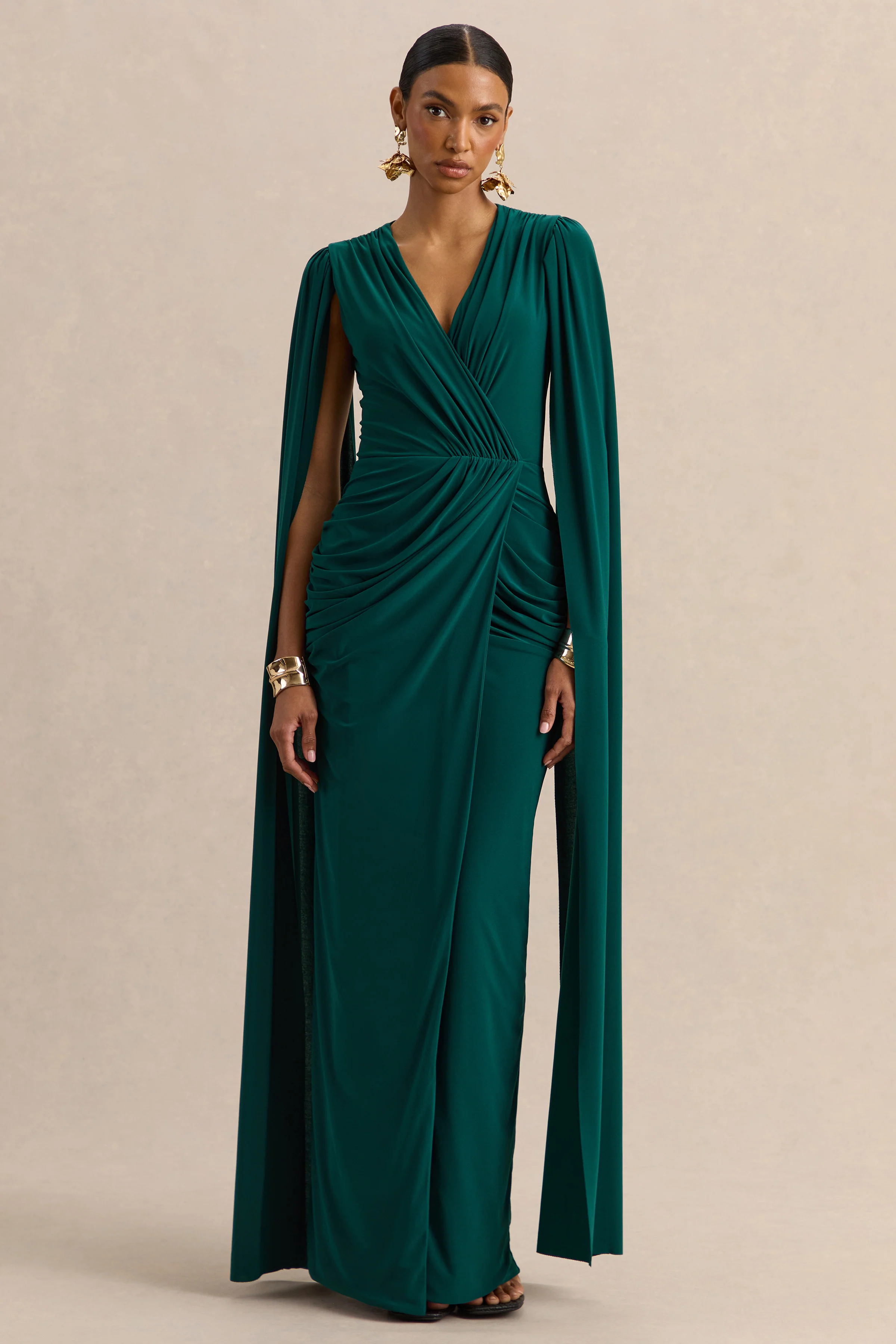 Ulissia | Bottle Green V-Neck Maxi Dress With Cape-Sleeves - Image 5