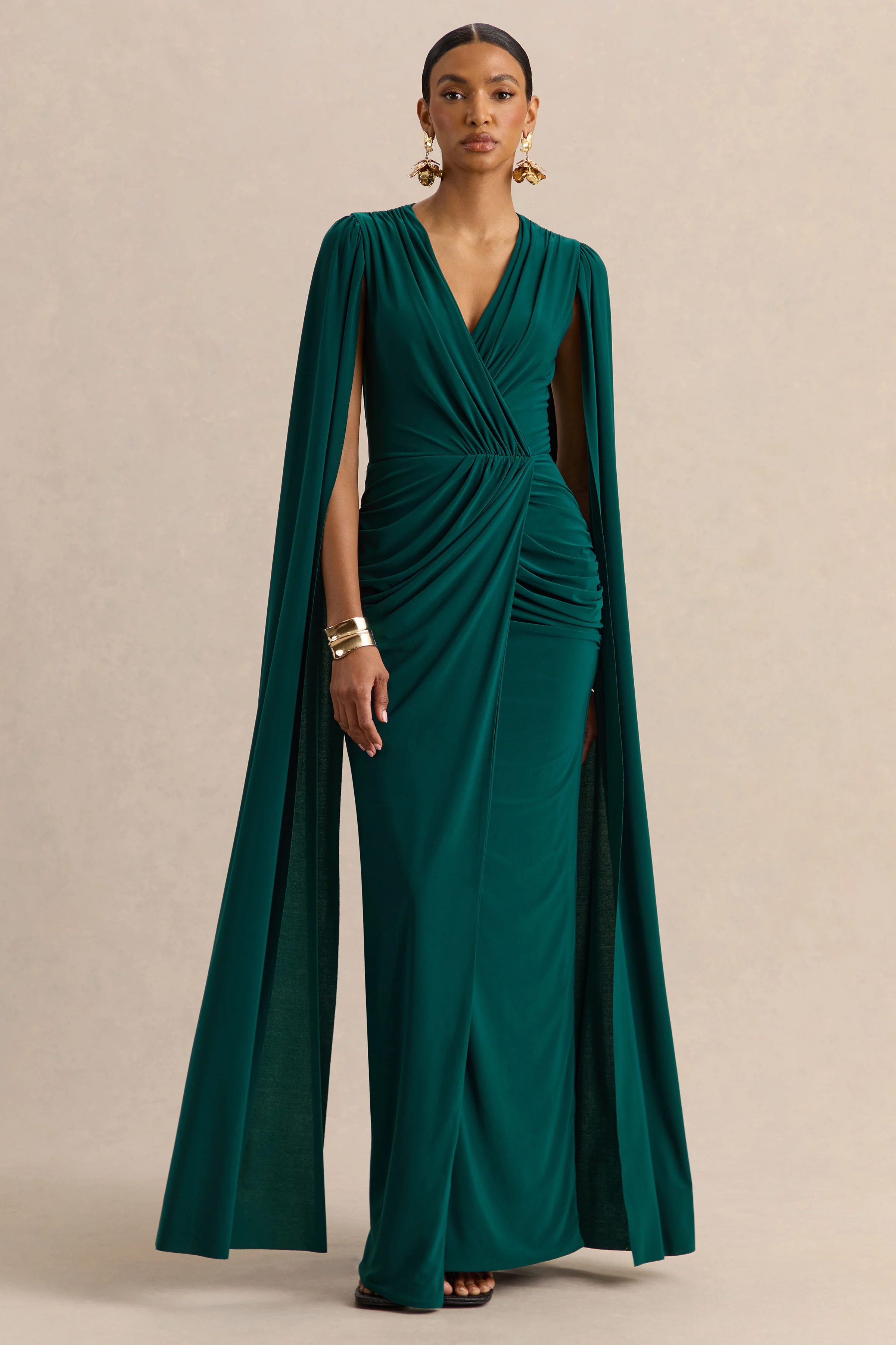 Ulissia | Bottle Green V-Neck Maxi Dress With Cape-Sleeves - Image 6