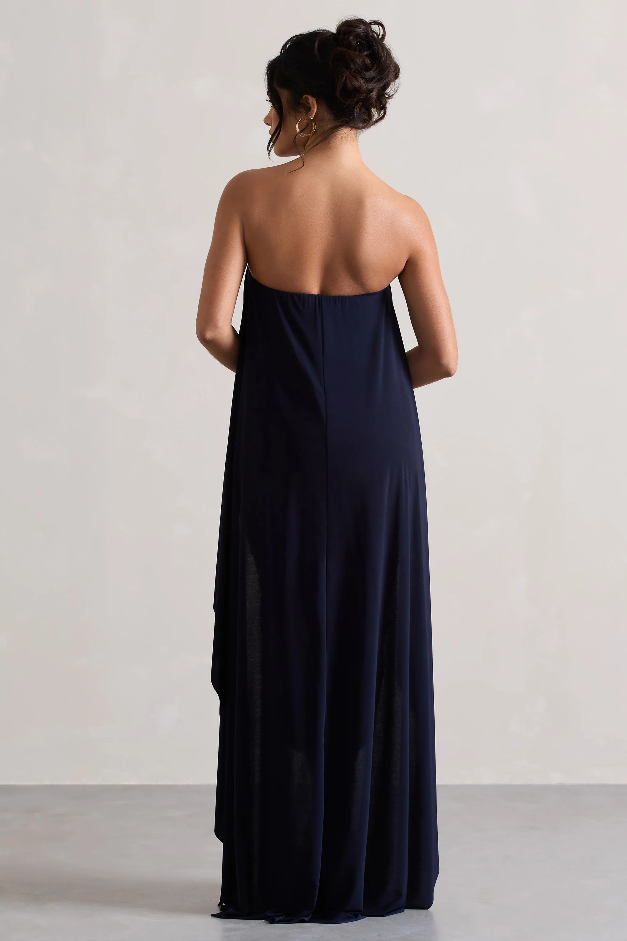 Upon A Time | Navy Ruched Bandeau Midi Dress With Cape - Image 2
