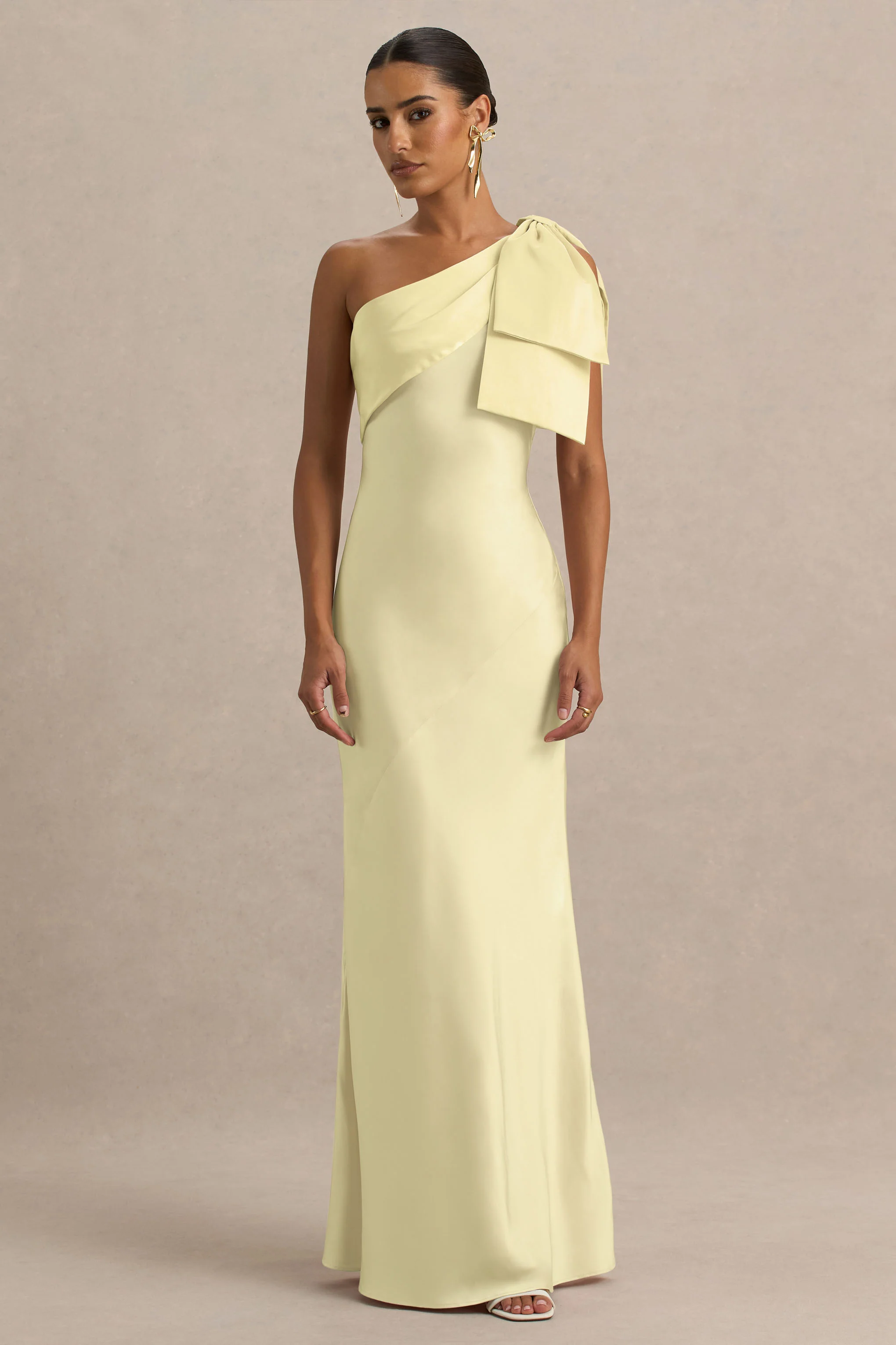 Valerie | Lemon Satin Asymmetric-Neck Maxi Dress With Bow Detail - Image 3