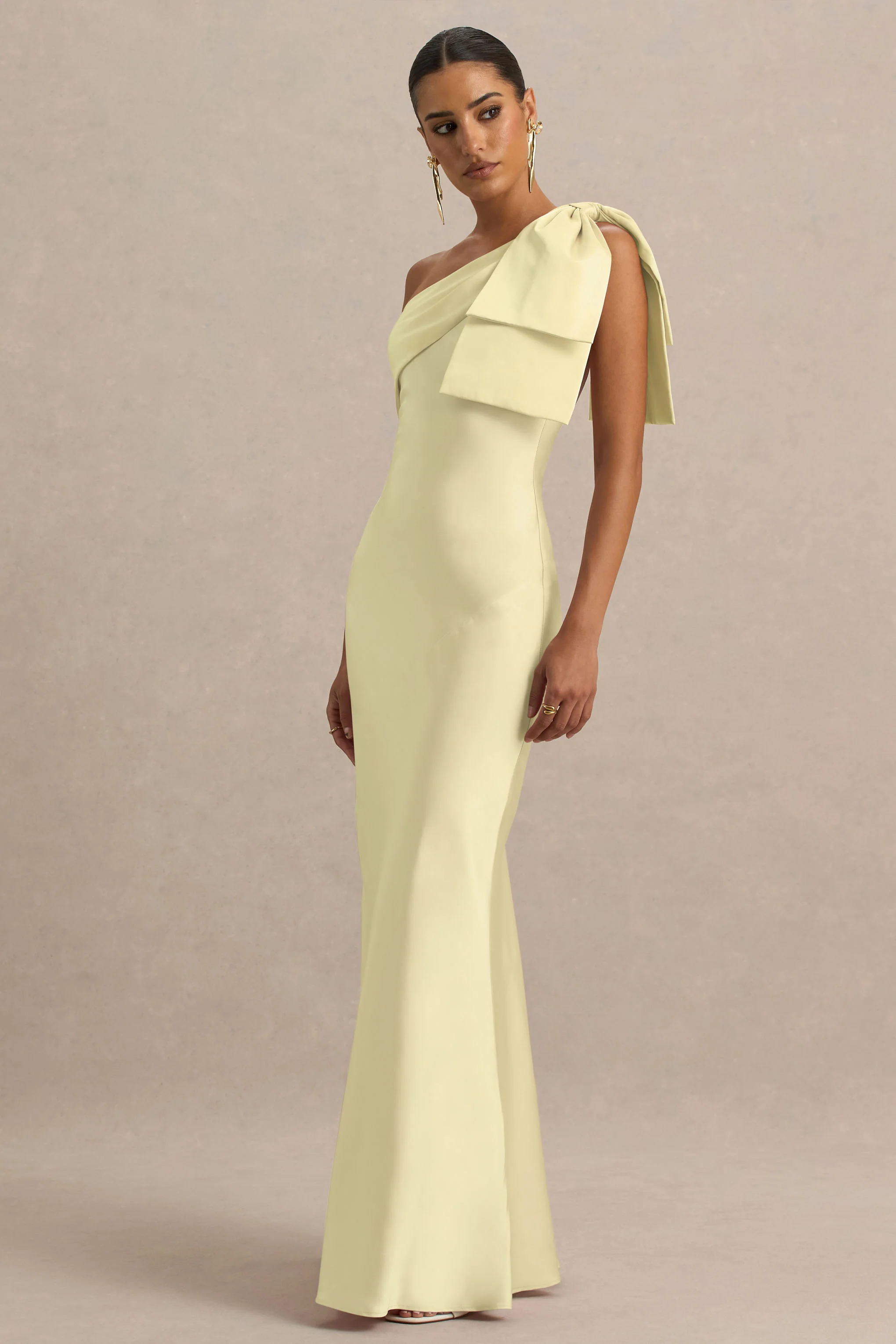 Valerie | Lemon Satin Asymmetric-Neck Maxi Dress With Bow Detail - Image 4