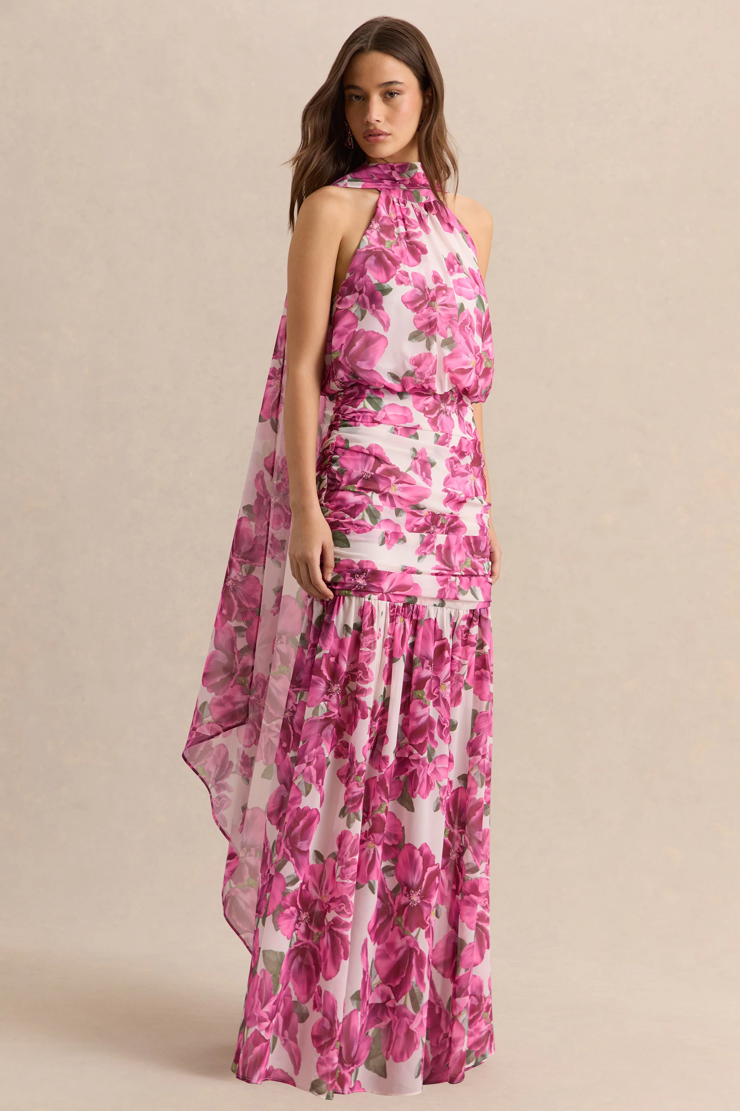 Veronique | Pink Hibiscus Floral Halter-Neck Maxi Dress