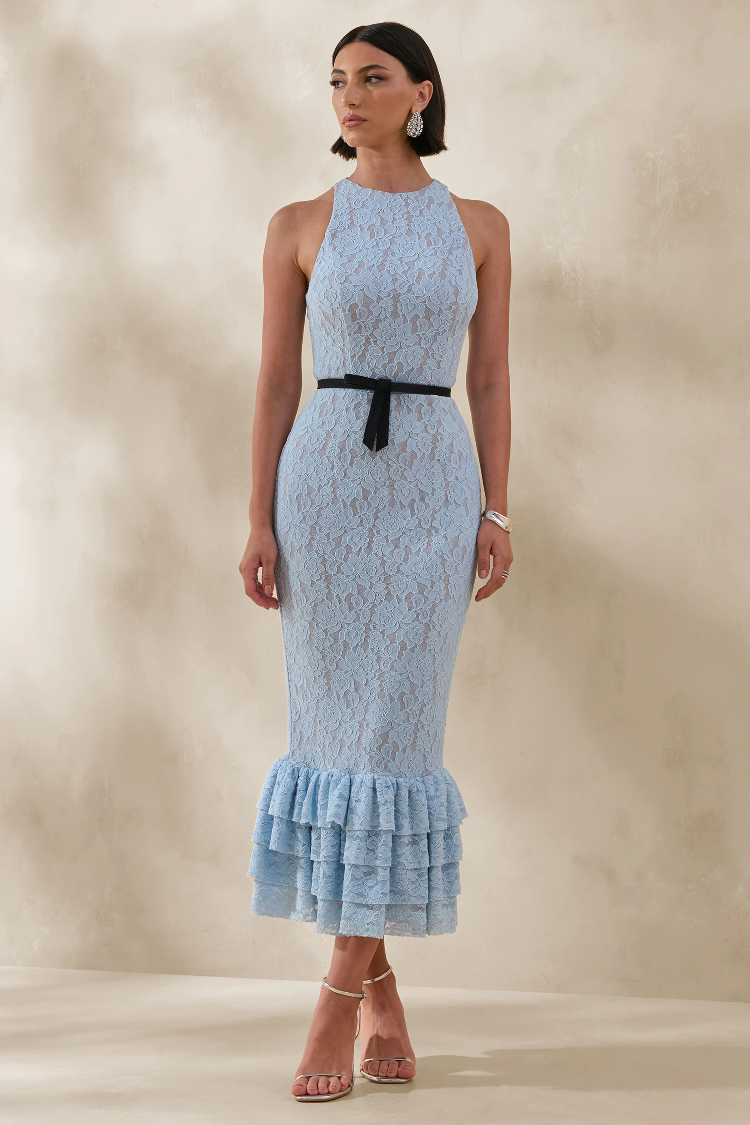 Vionna | Blue Lace High-Neck Midi Dress With Bow-Belt Detail - Image 5