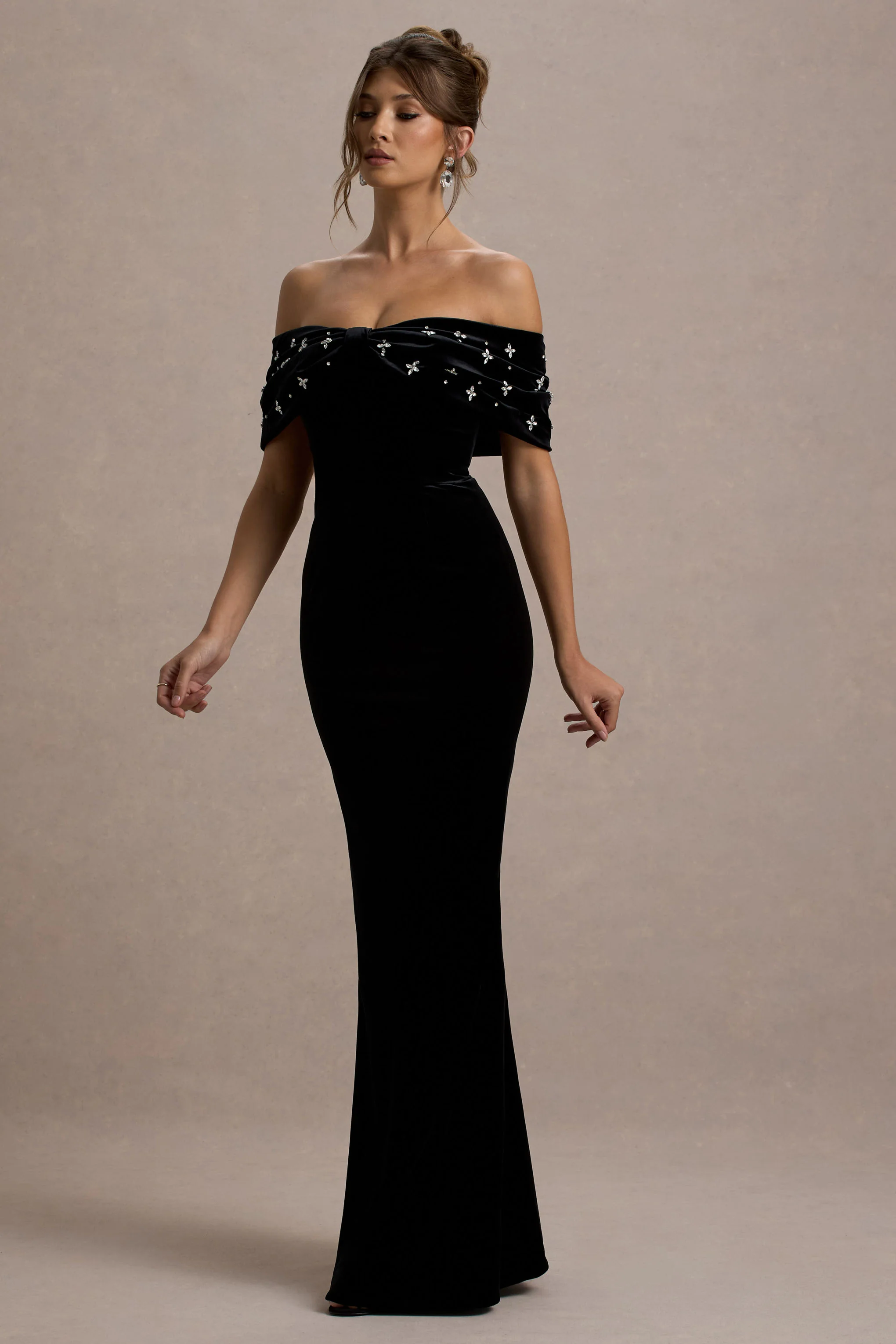 West End | Black Velvet Embellished Bardot Maxi Dress - Image 5