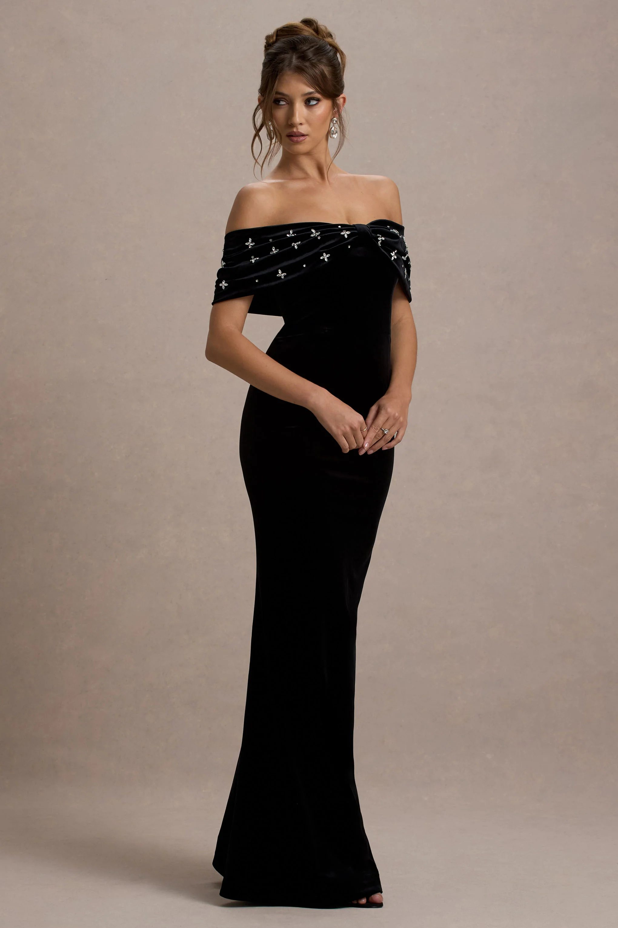 West End | Black Velvet Embellished Bardot Maxi Dress - Image 6