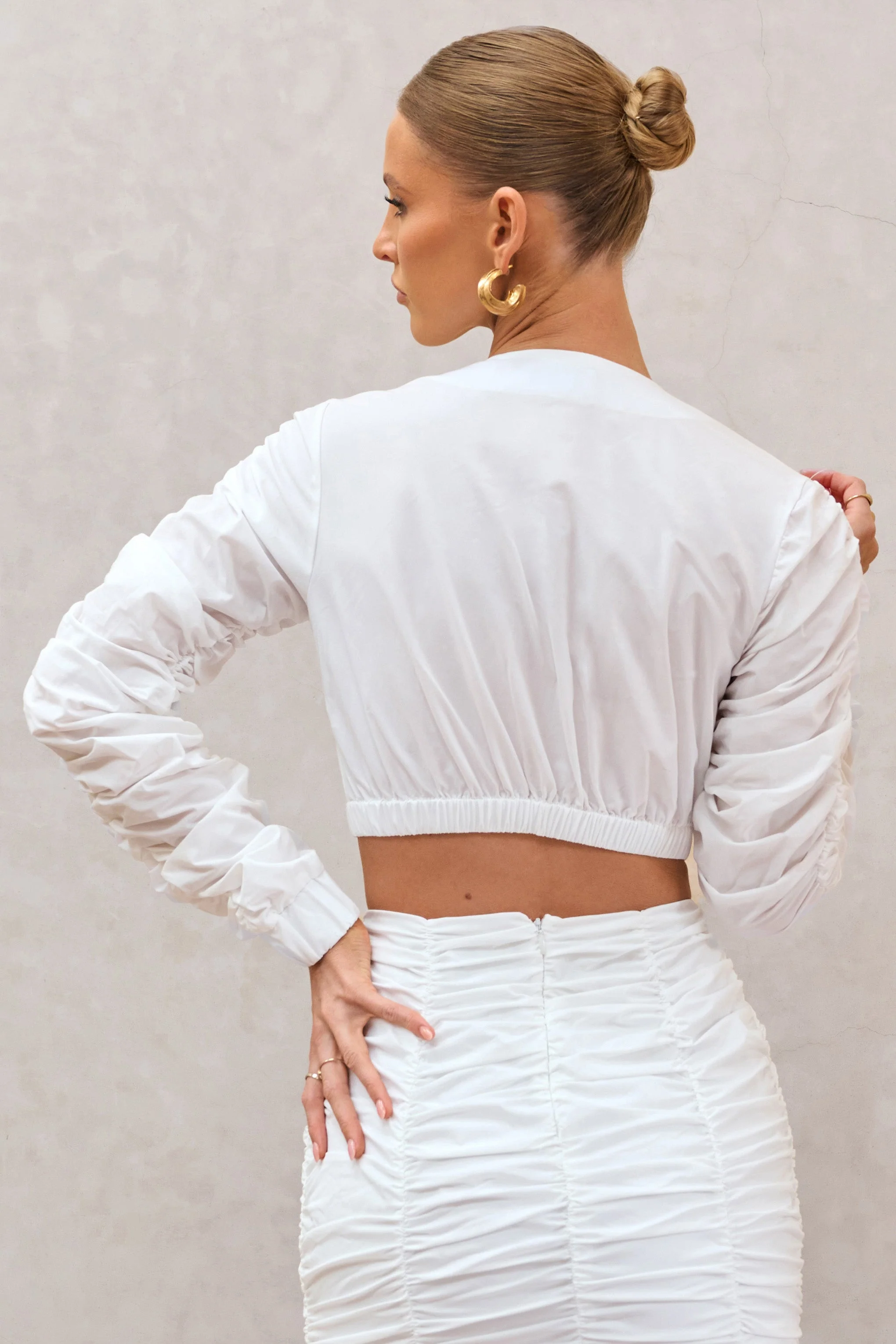Sundown | White Ruched Sleeve Wrap Detail Cropped Shirt - Image 2