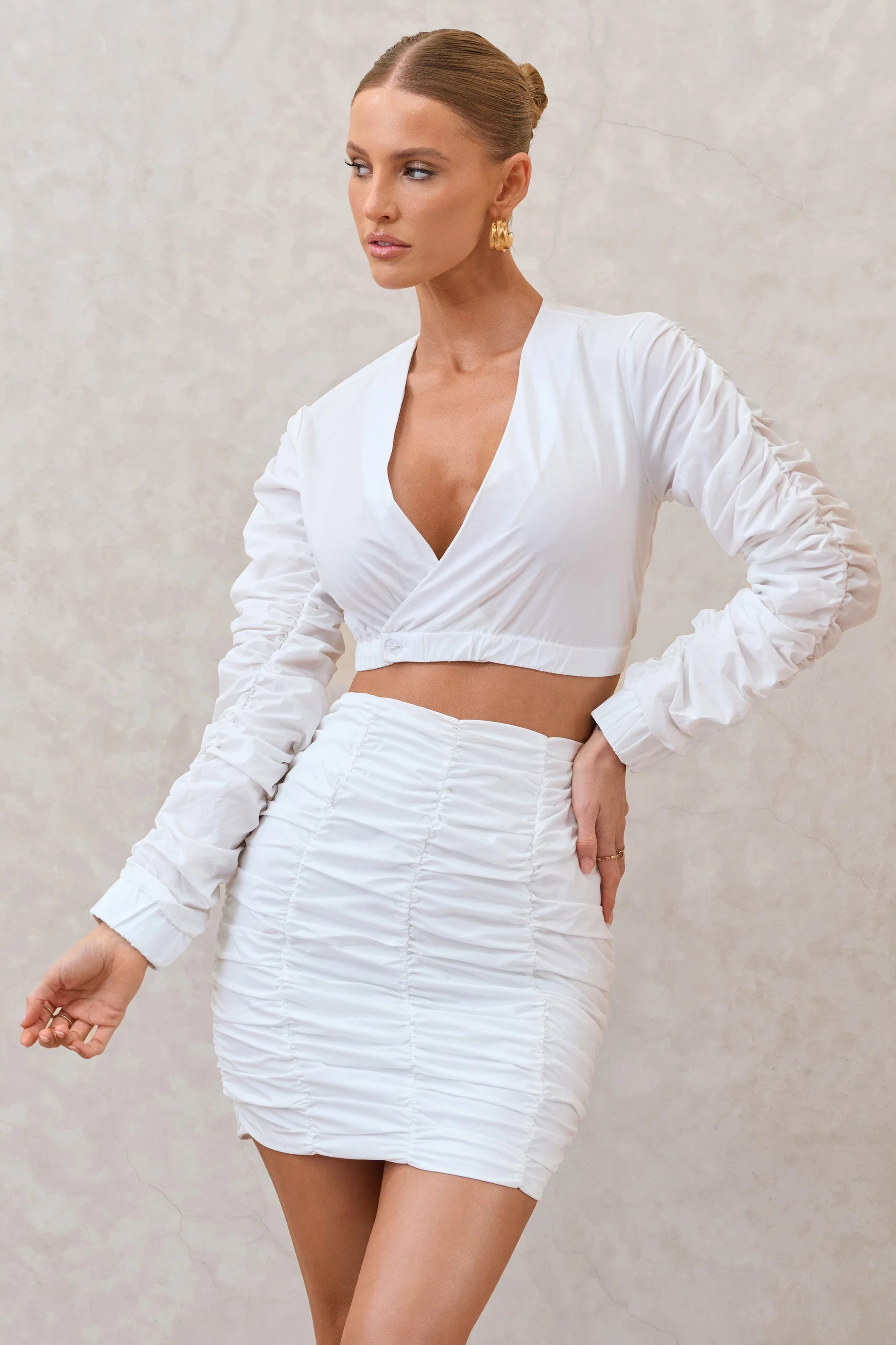 Sundown | White Ruched Sleeve Wrap Detail Cropped Shirt - Image 4