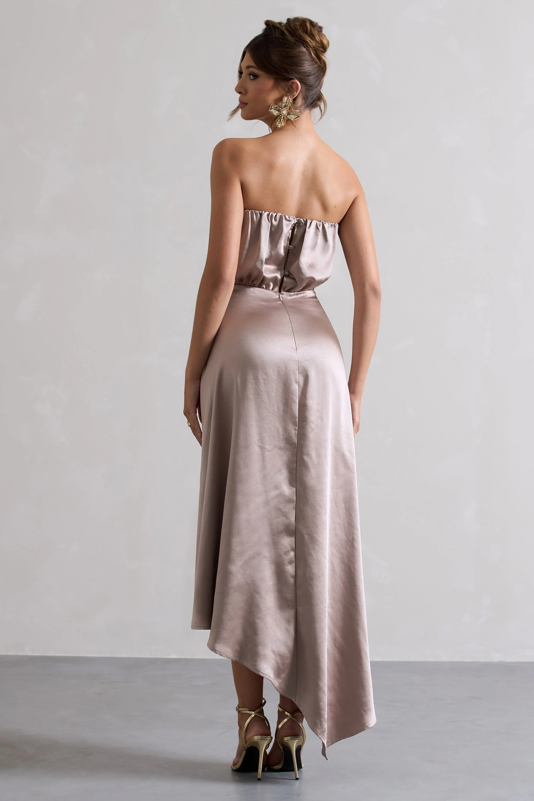 Willa | Taupe Satin Bandeau Maxi Dress With Asymmetric Hem - Image 2