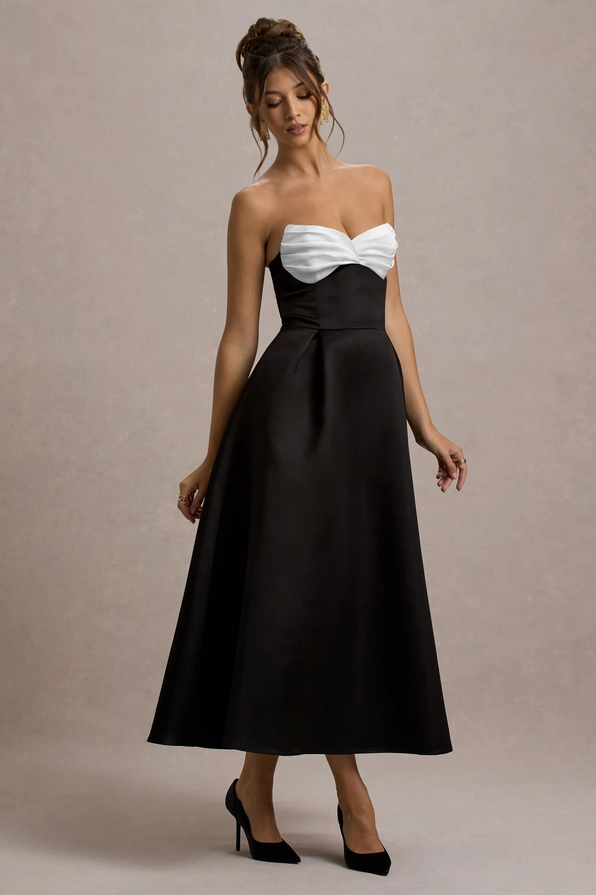 Wintour | Black Satin Sweetheart Midi Dress - Image 5