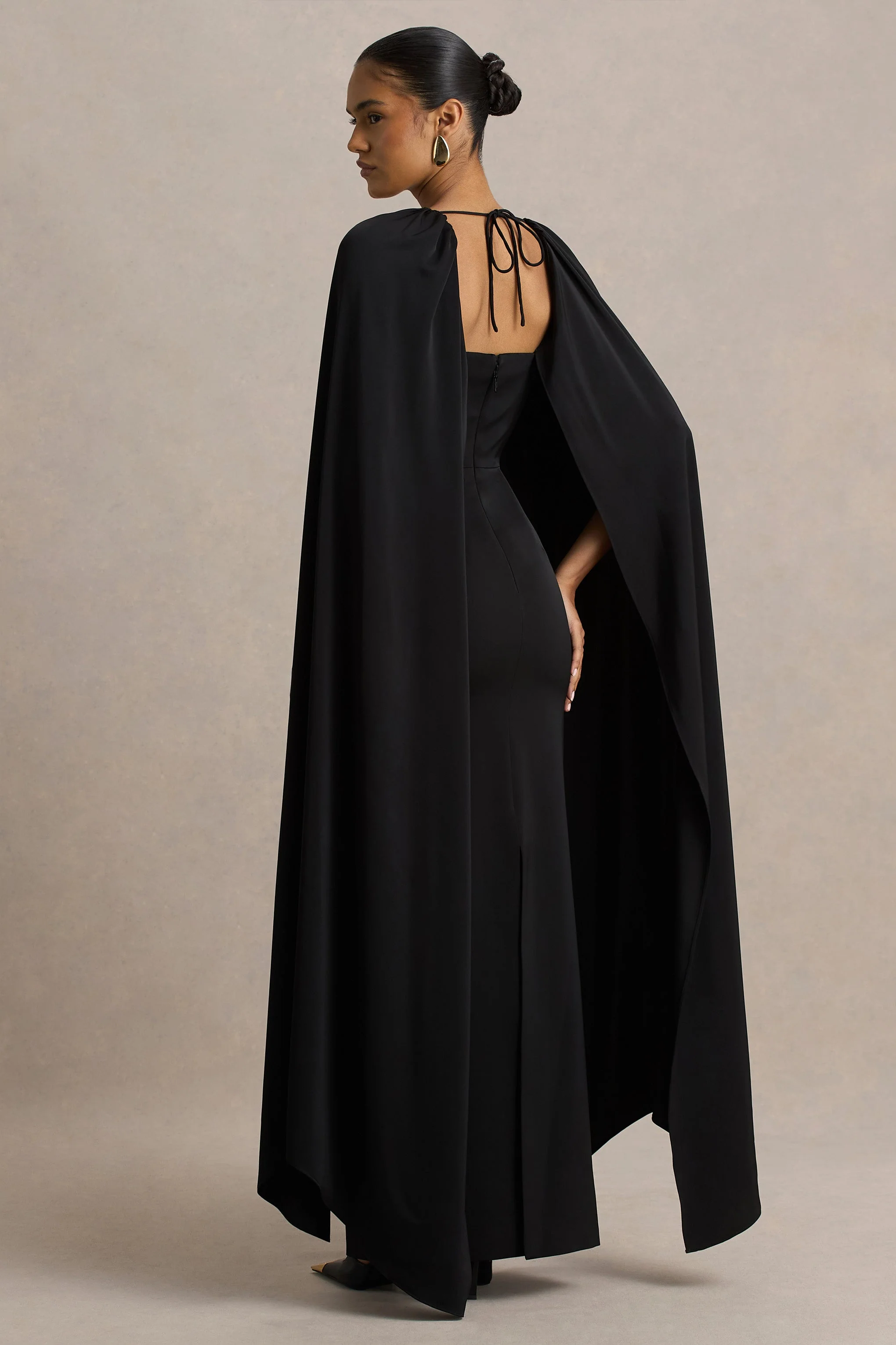 Wren | Black Satin Sweetheart-Neck Maxi Dress With Cape Sleeves - Image 2