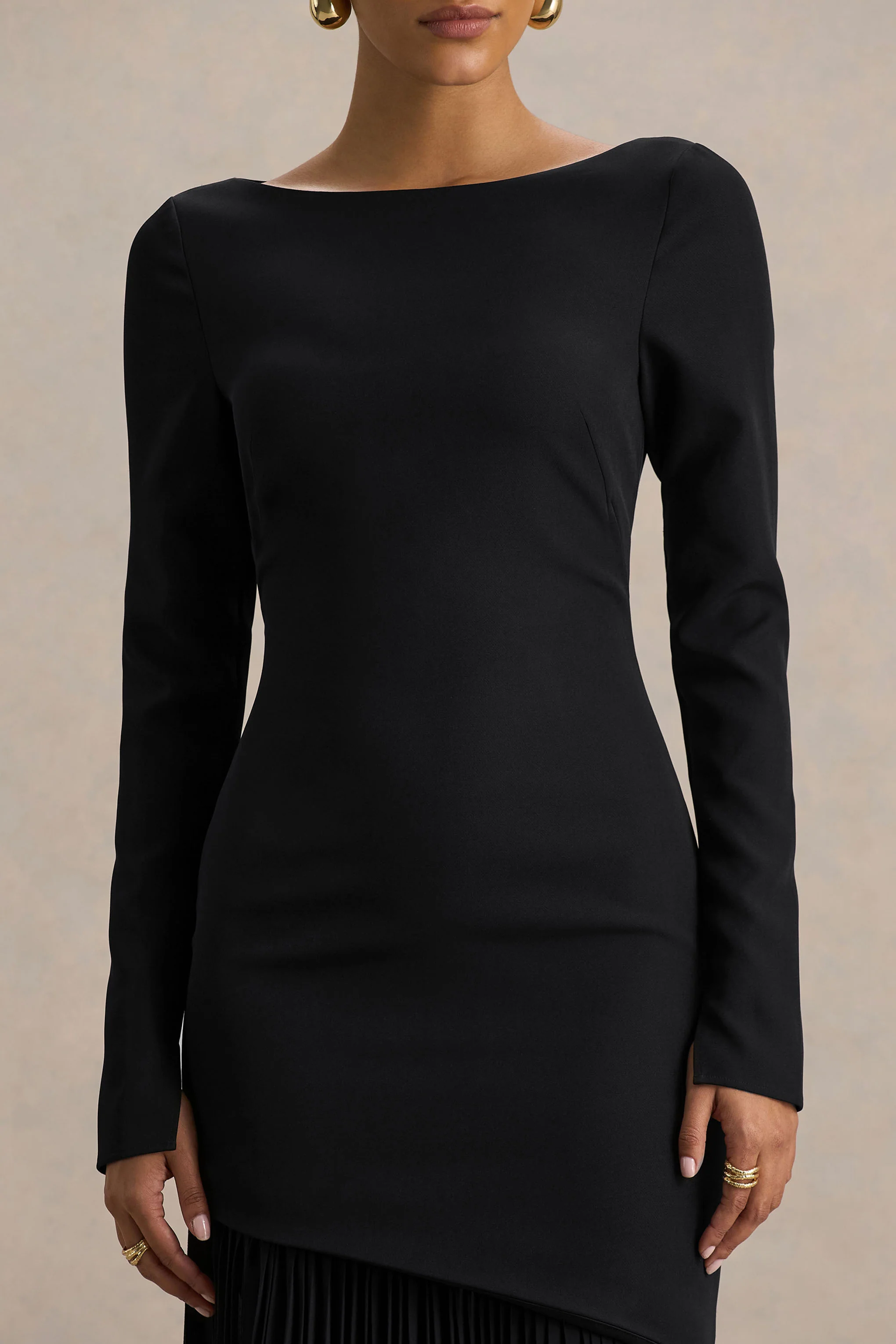 Yanira | Black Crepe And Georgette Boat-Neck Maxi Dress With Drop Waist - Image 3