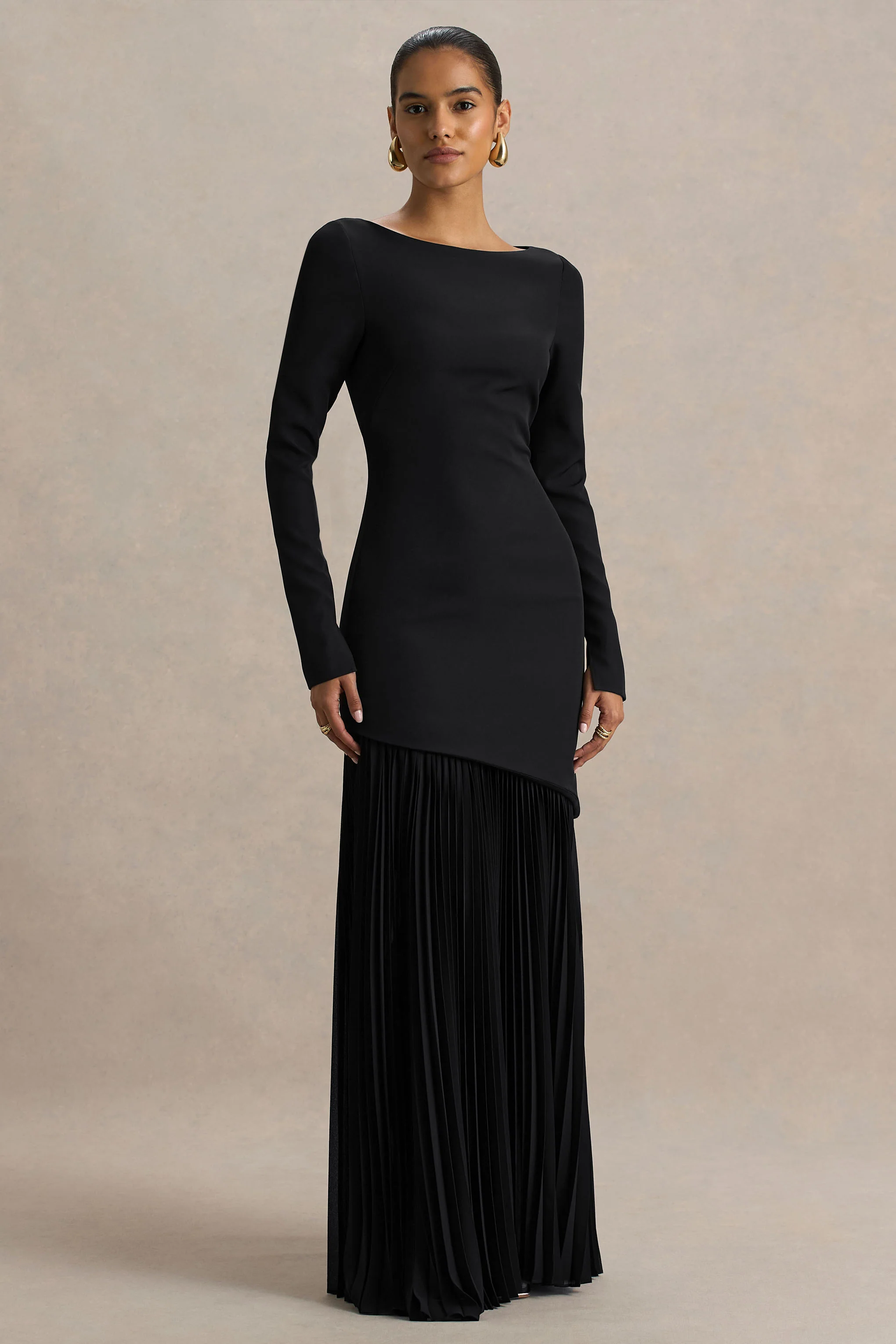 Yanira | Black Crepe And Georgette Boat-Neck Maxi Dress With Drop Waist - Image 4