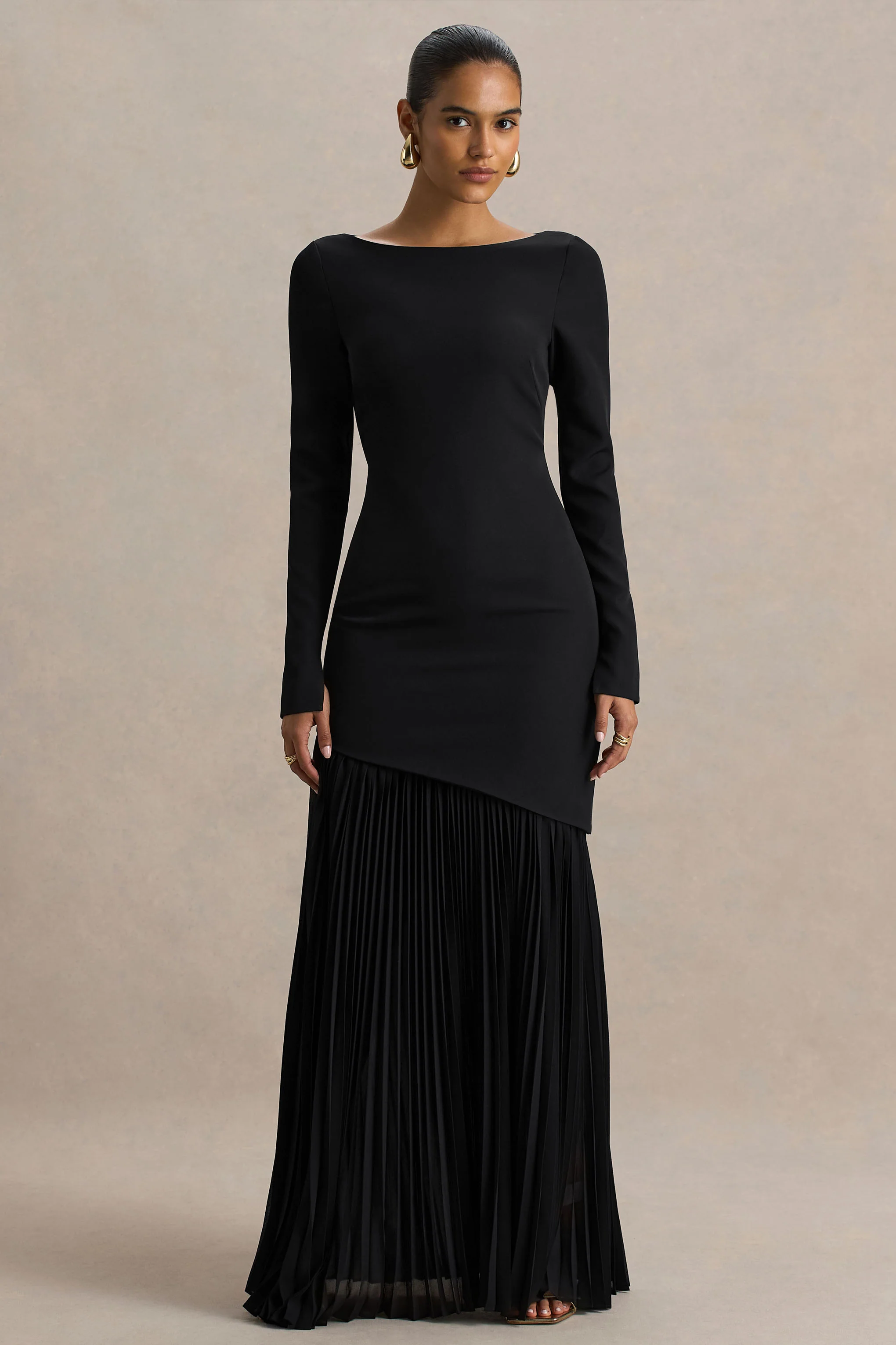 Yanira | Black Crepe And Georgette Boat-Neck Maxi Dress With Drop Waist - Image 5