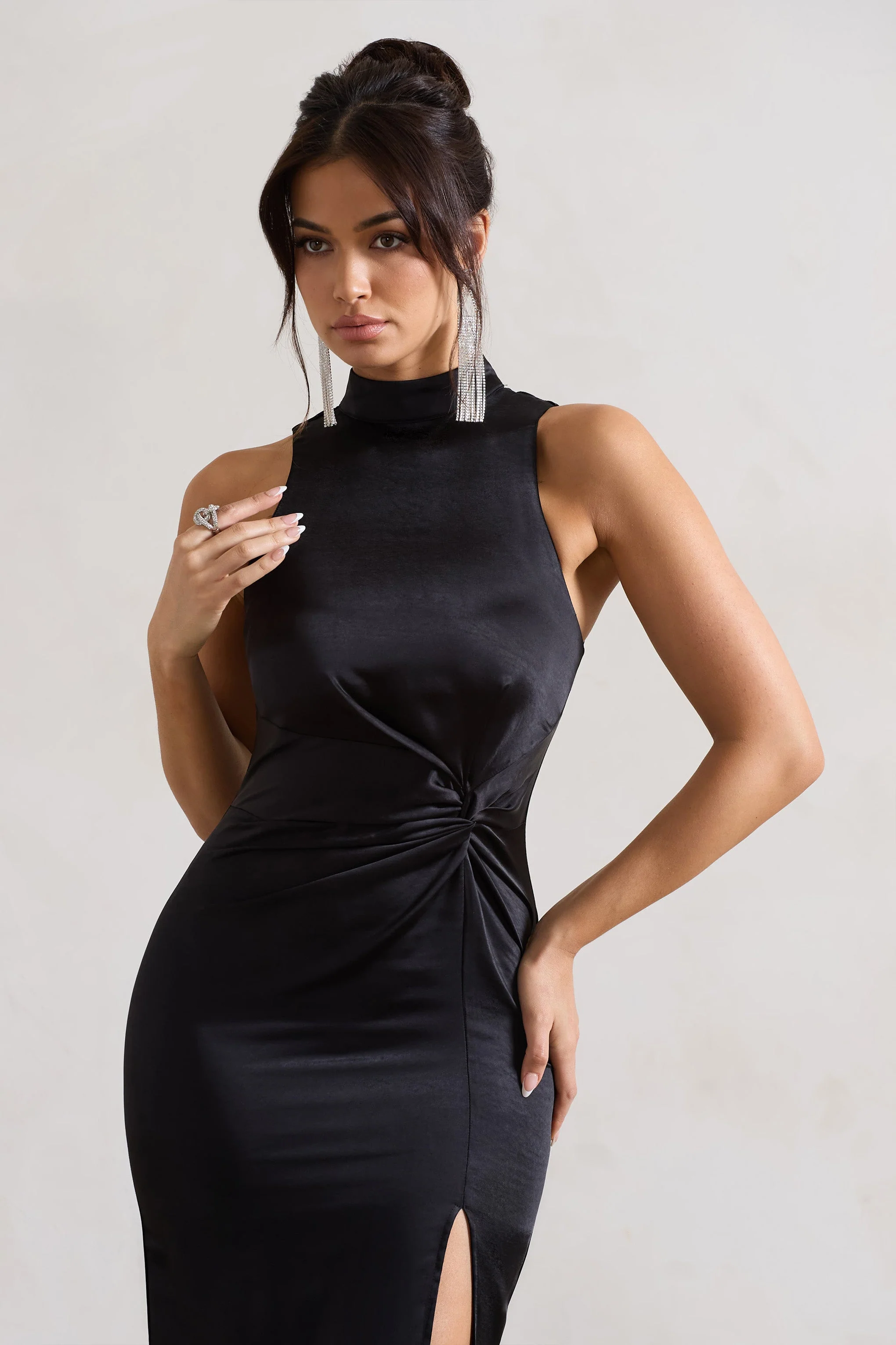 Zoe | Black Satin Twist Split Maxi Dress With Feather Trim - Image 3